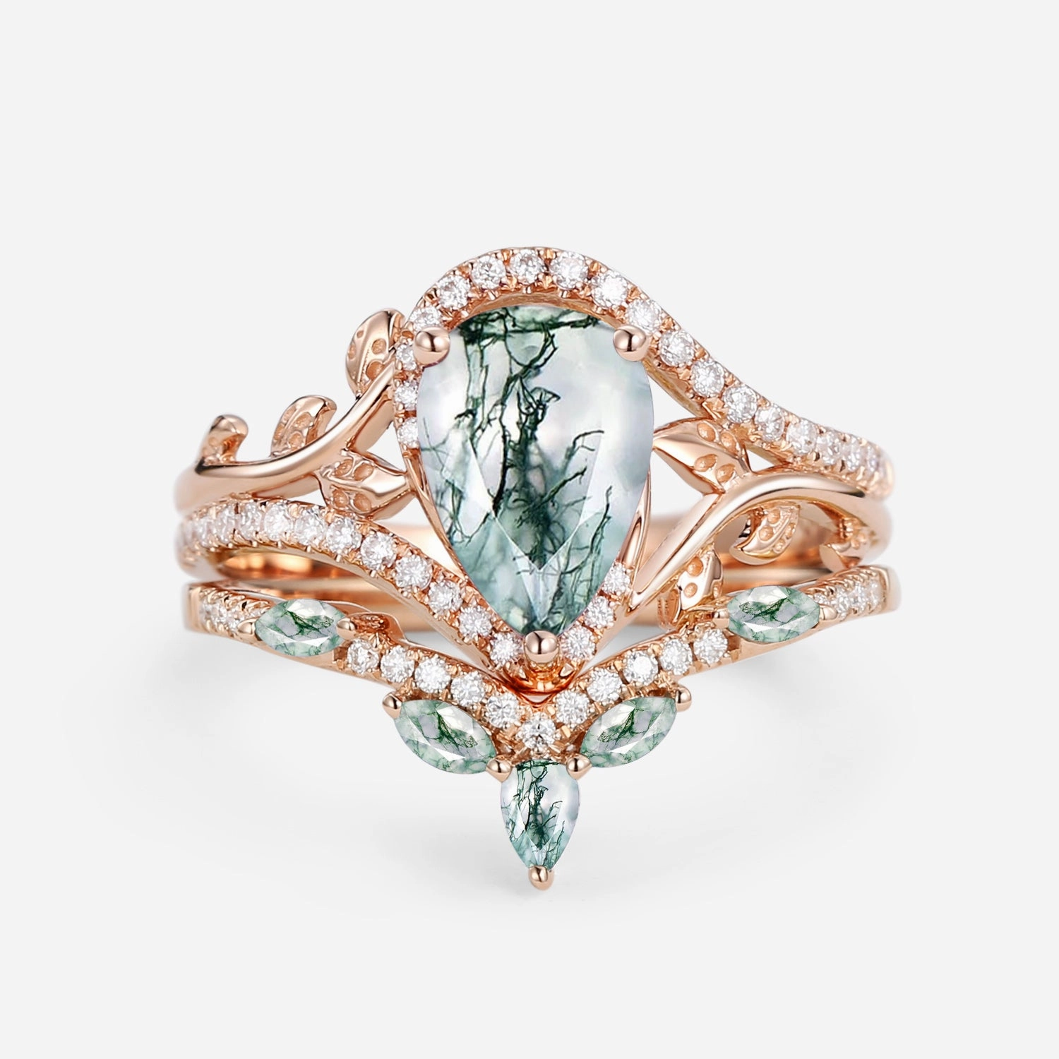 Vintage Pear Cut Moss Agate & Moissanite Leafy Ring Set 2pcs - Dalia Masculine Bold