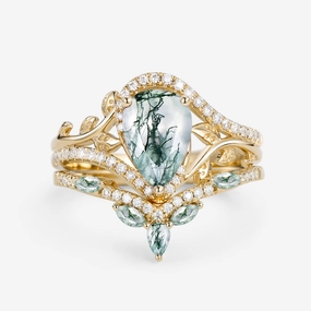Silky feel Subtle Look Vintage Pear Cut Moss Agate & Moissanite Leafy Ring Set 2pcs - Dalia