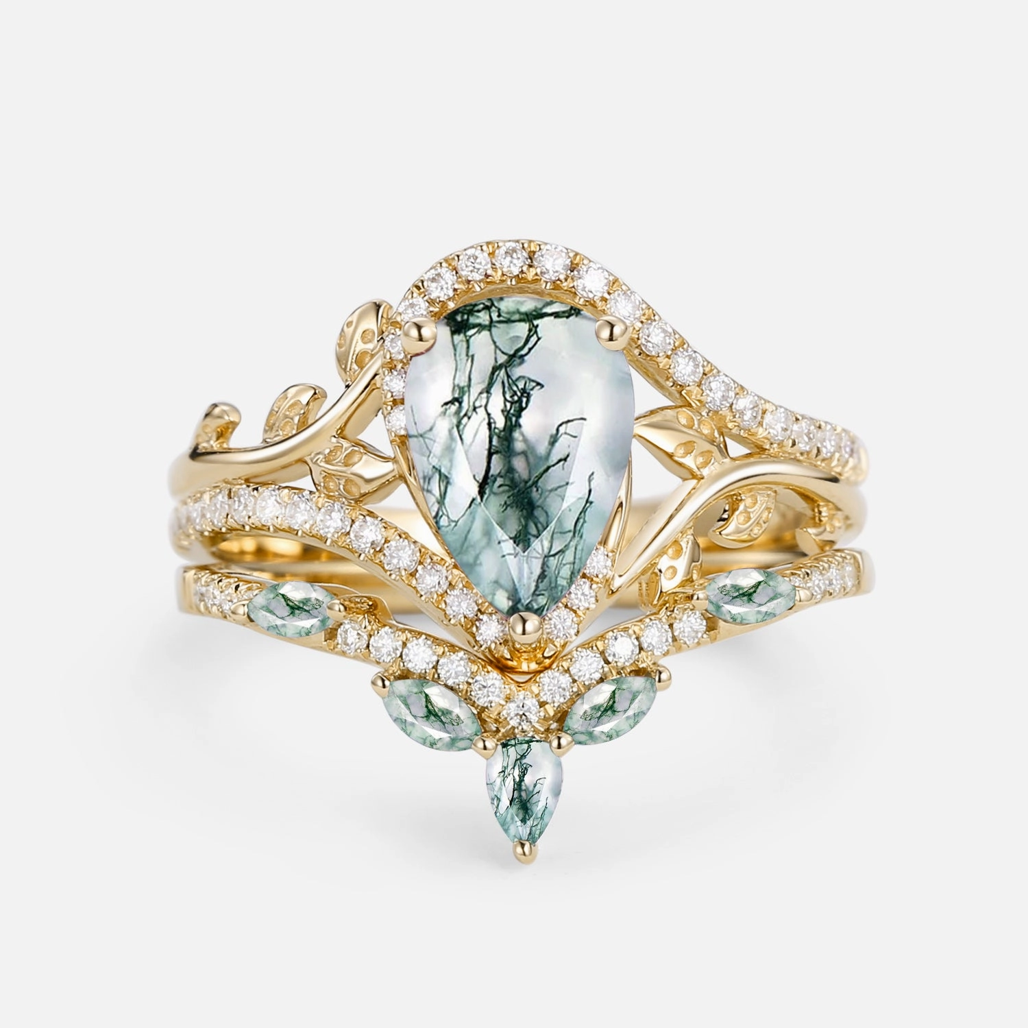 Silky feel Subtle Look Vintage Pear Cut Moss Agate & Moissanite Leafy Ring Set 2pcs - Dalia
