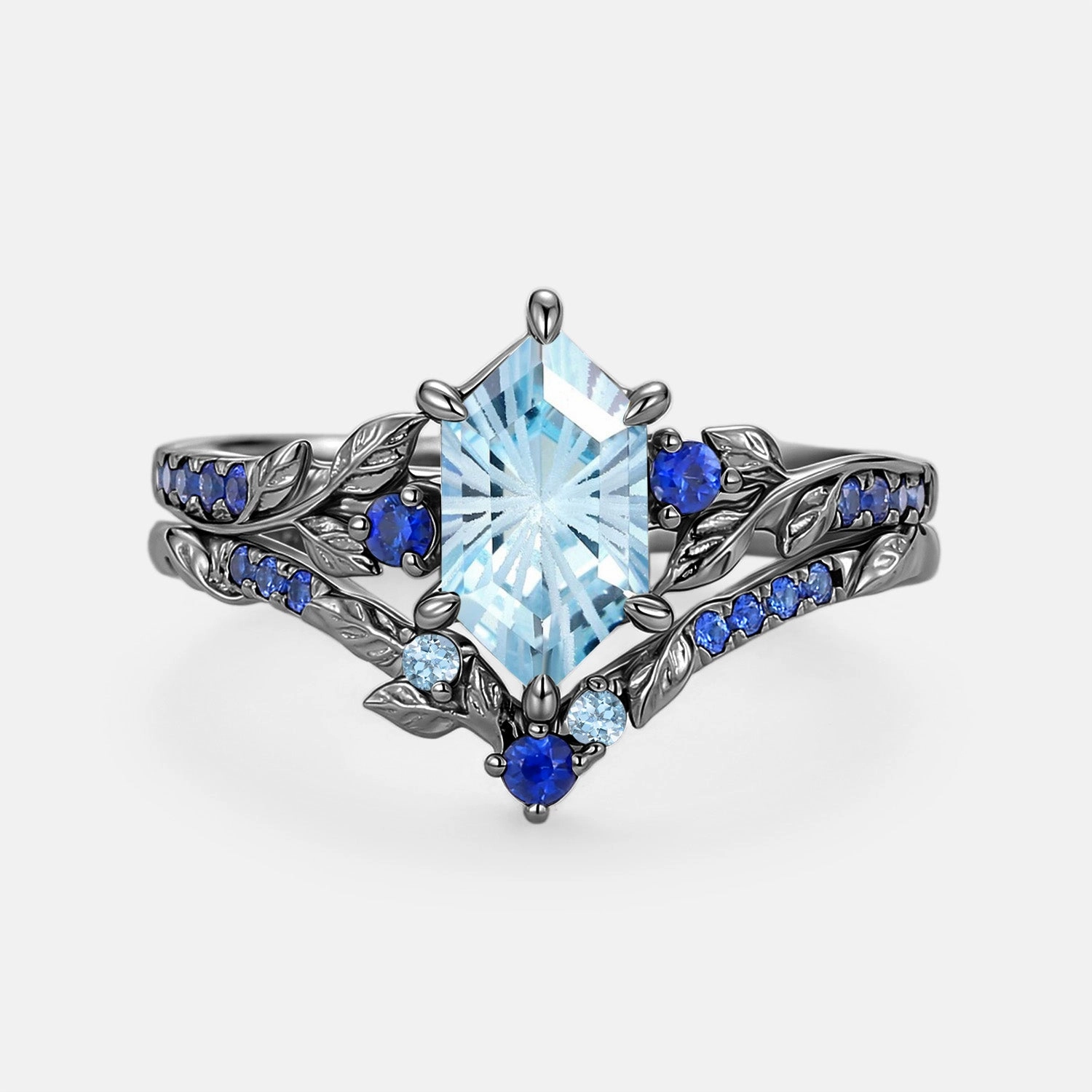 Layered Fit Distinct Edge Elongated Hexagon Fireworks Cut Aquamarine Engagement Ring Set 2pcs - Azure