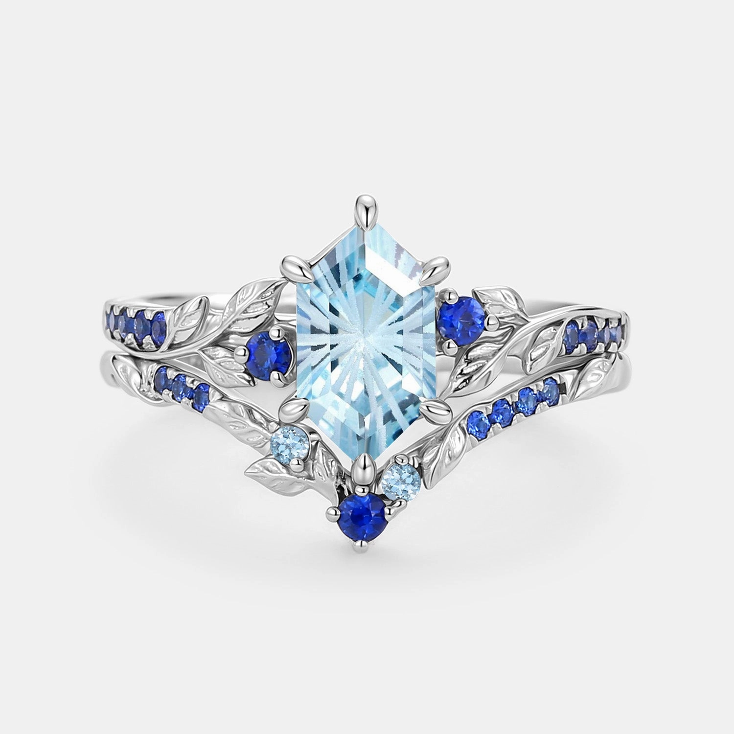 Elongated Hexagon Fireworks Cut Aquamarine Engagement Ring Set 2pcs - Azure Everyday Appeal Charming Stones