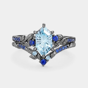 Layered Fit Distinct Edge Elongated Hexagon Fireworks Cut Aquamarine Engagement Ring Set 2pcs - Azure