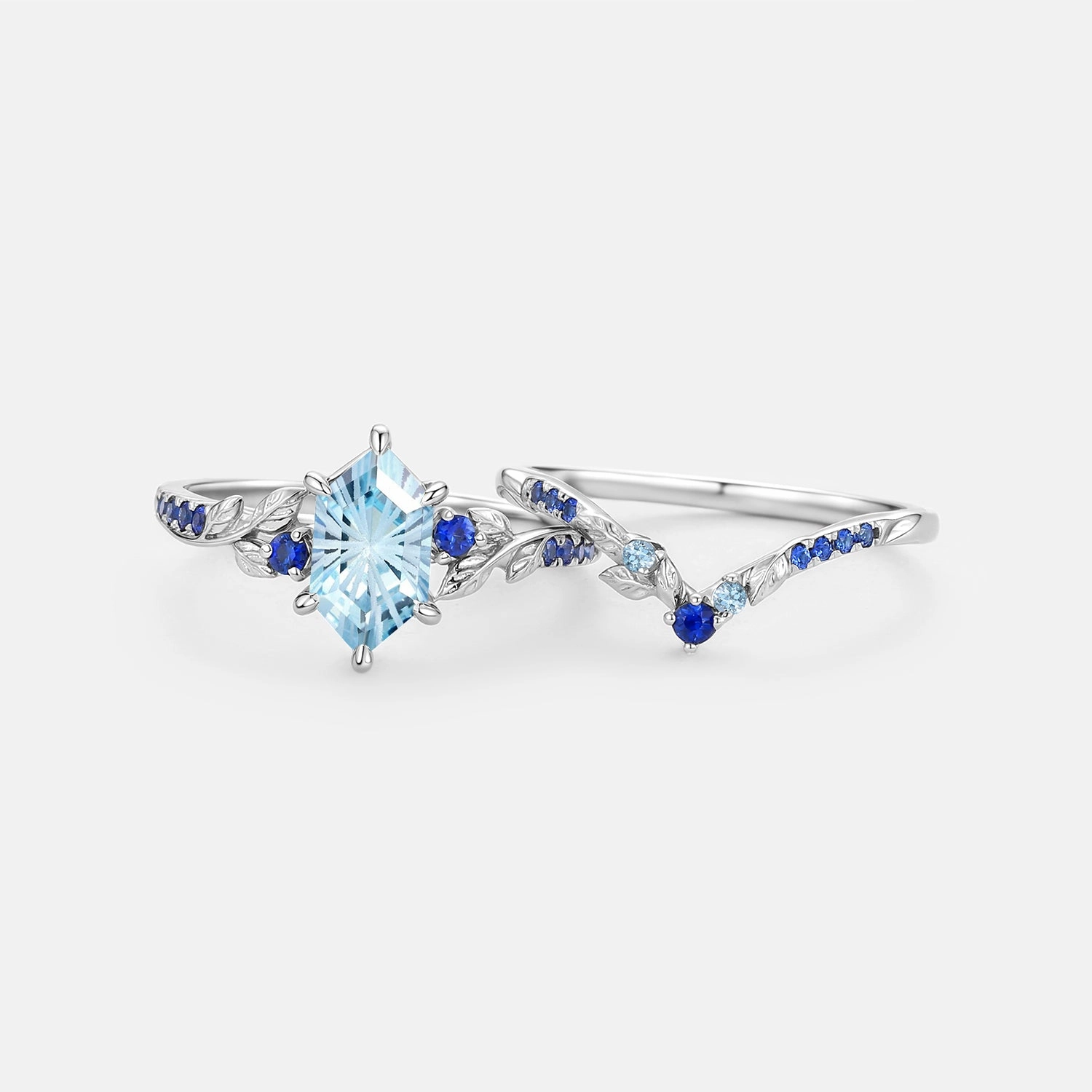 Elongated Hexagon Fireworks Cut Aquamarine Engagement Ring Set 2pcs - Azure Unique Vibe