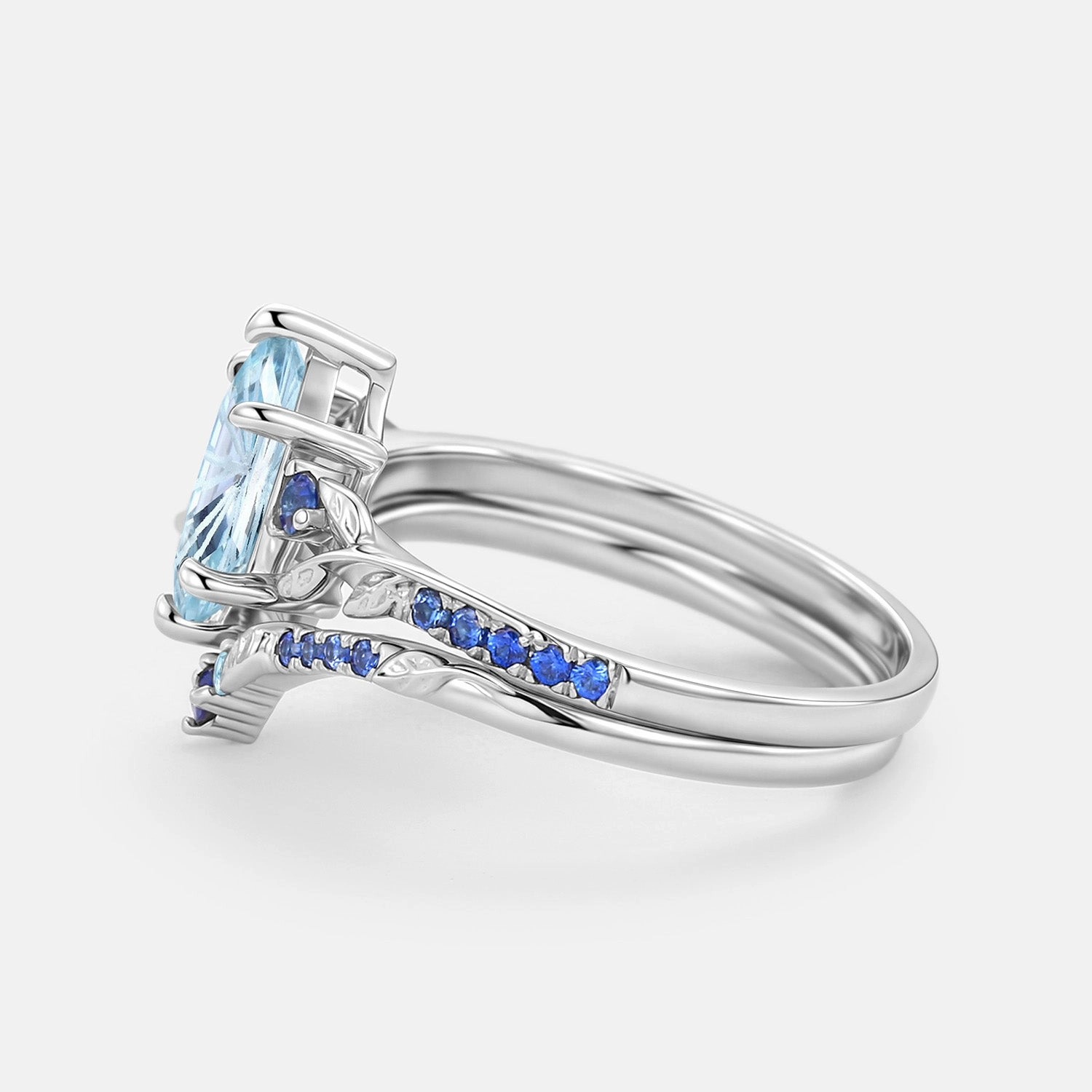 Elongated Hexagon Fireworks Cut Aquamarine Engagement Ring Set 2pcs - Azure Lustrous Look Lively Spirit