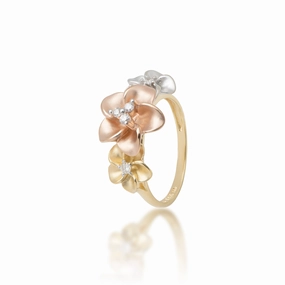 Plumeria Ring in Tri Color Gold with Diamonds - 12mm Fantastic Adornment