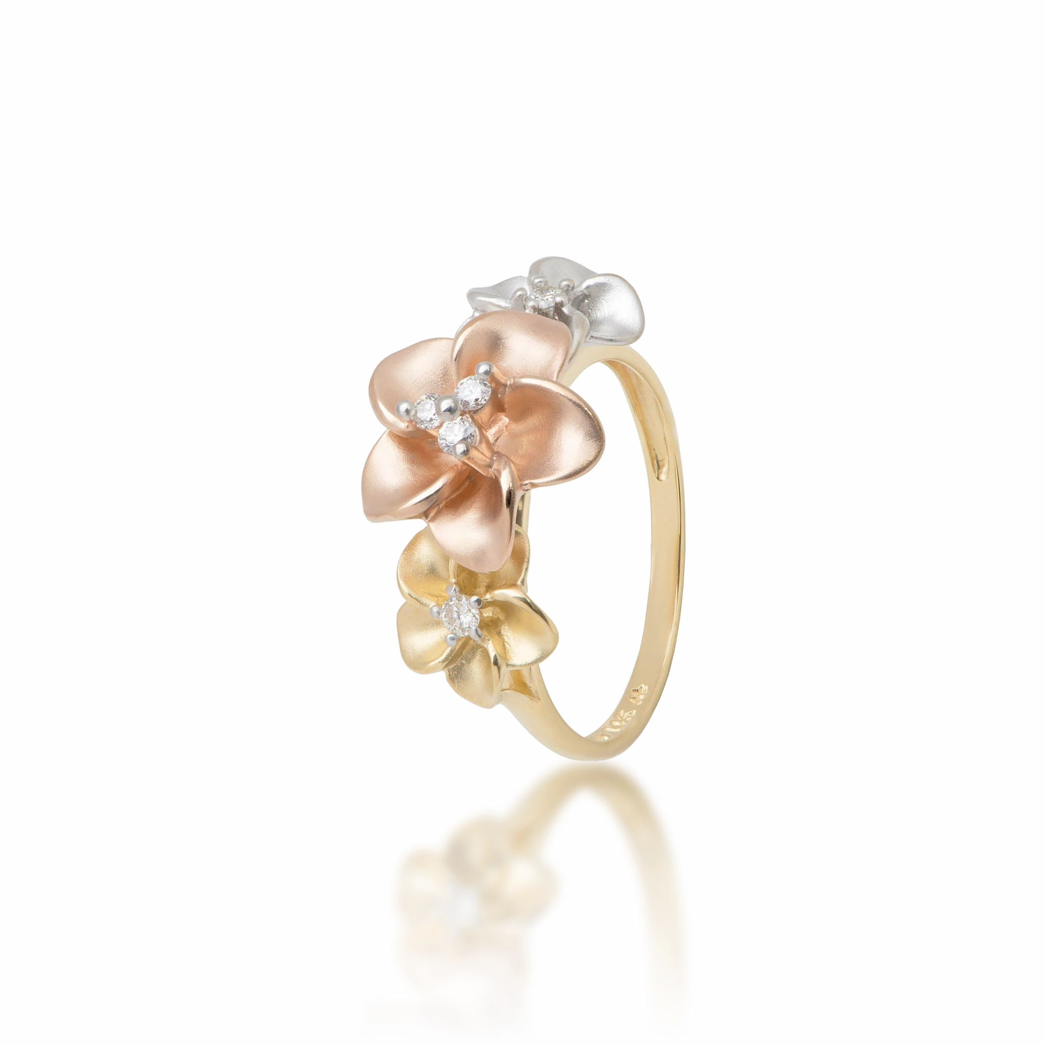 Plumeria Ring in Tri Color Gold with Diamonds - 12mm Fantastic Adornment