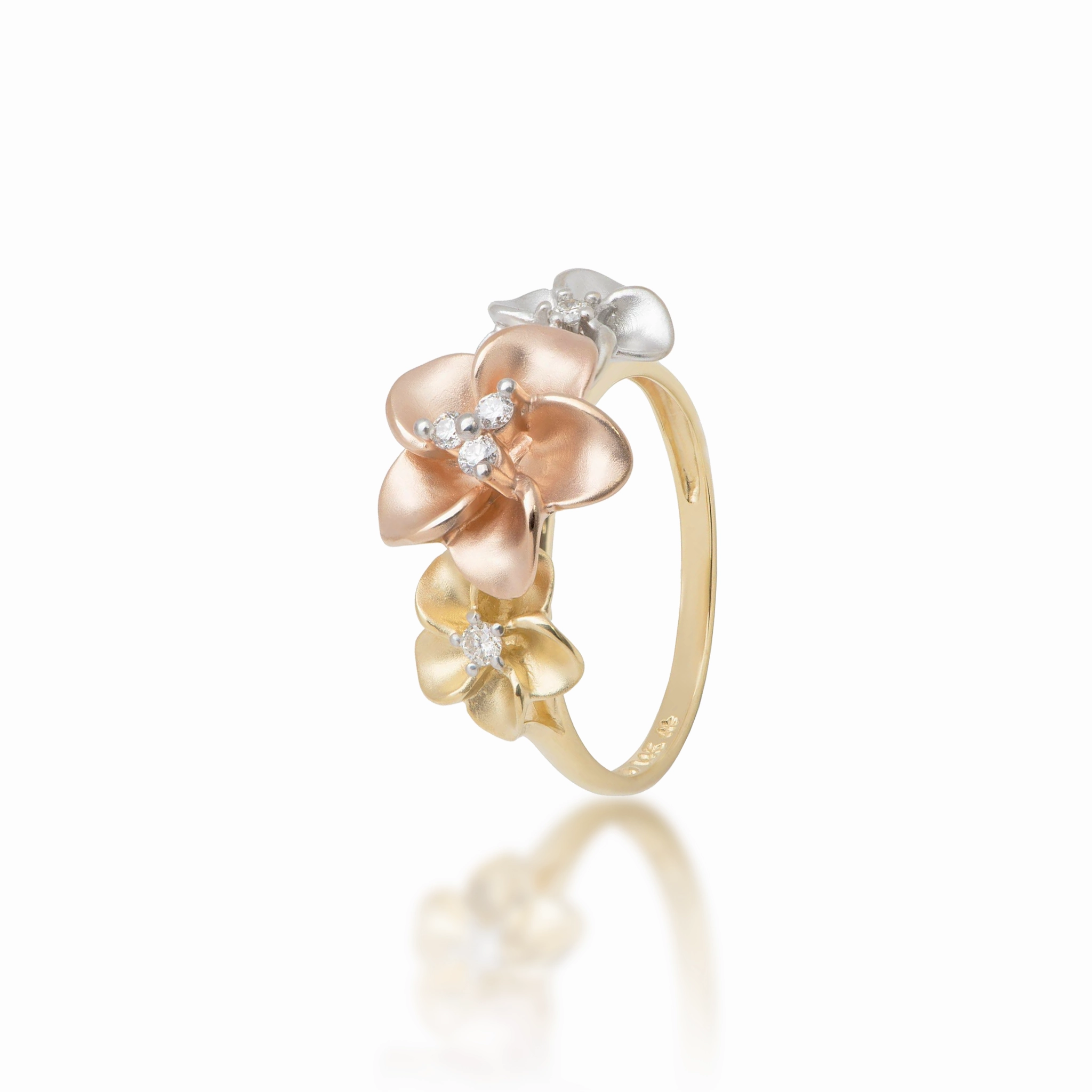 Plumeria Ring in Tri Color Gold with Diamonds - 12mm Casual Charm