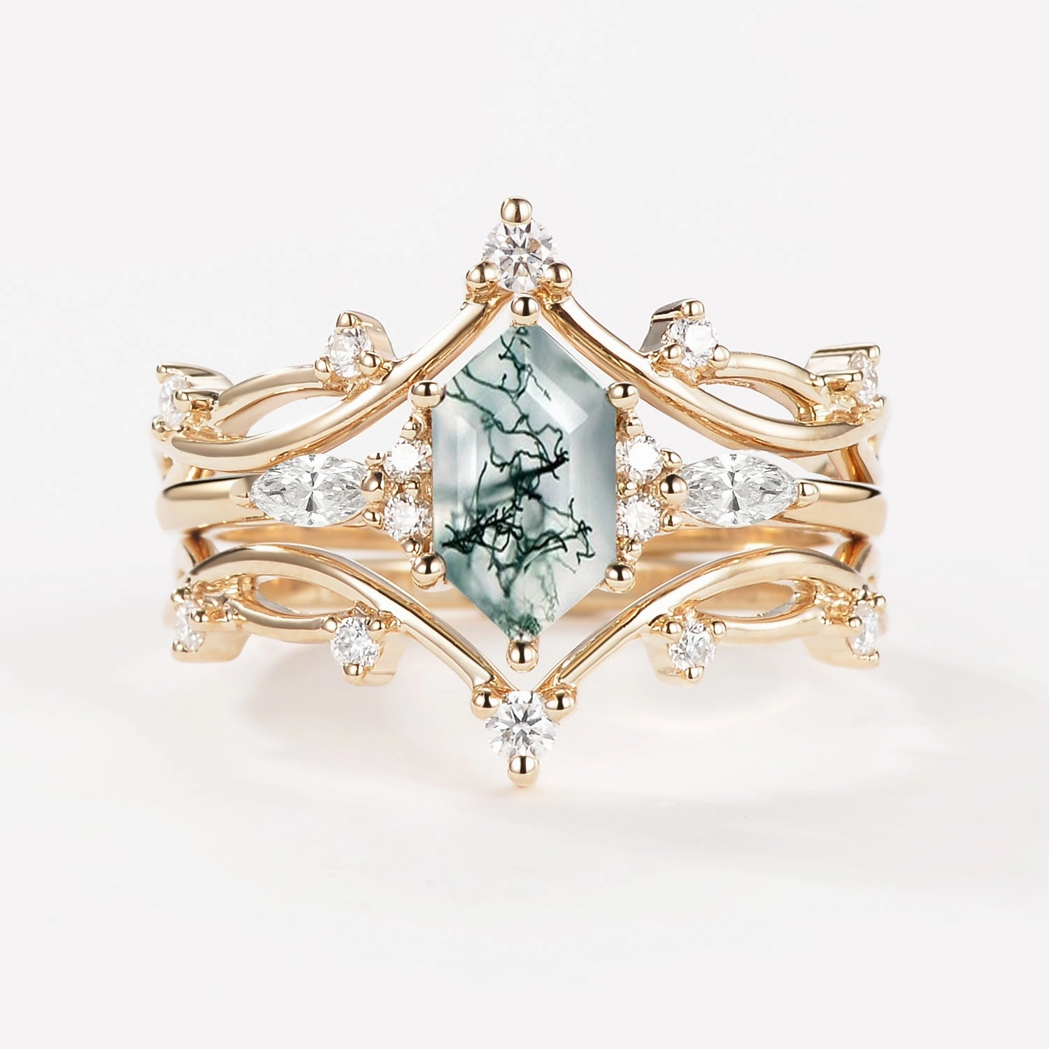 Long Hexagon Moss Agate Leafy Engagement Ring Set 3pcs Close Up Dreamy Mood