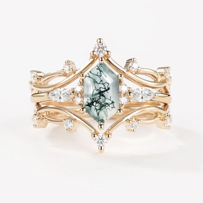 Night Accent Long Hexagon Moss Agate Leafy Engagement Ring Set 3pcs