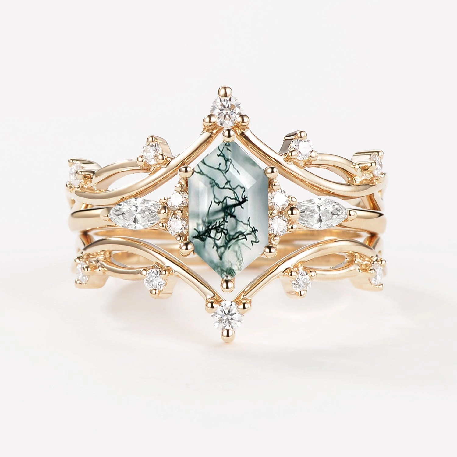 Handmade Jewelry Pieces Shine Bright Long Hexagon Moss Agate Leafy Engagement Ring Set 3pcs