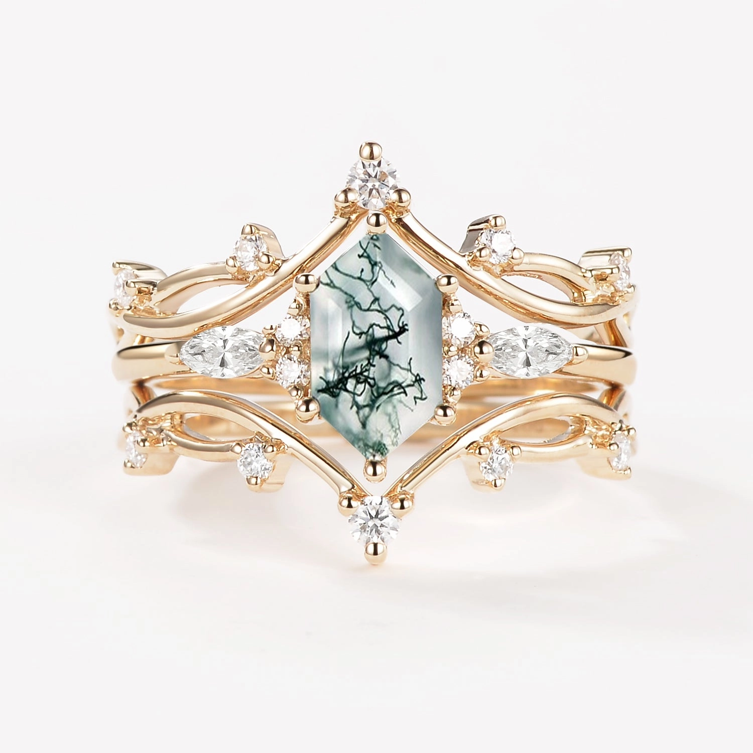 Spring Mood Understated Spark Long Hexagon Moss Agate Leafy Engagement Ring Set 3pcs