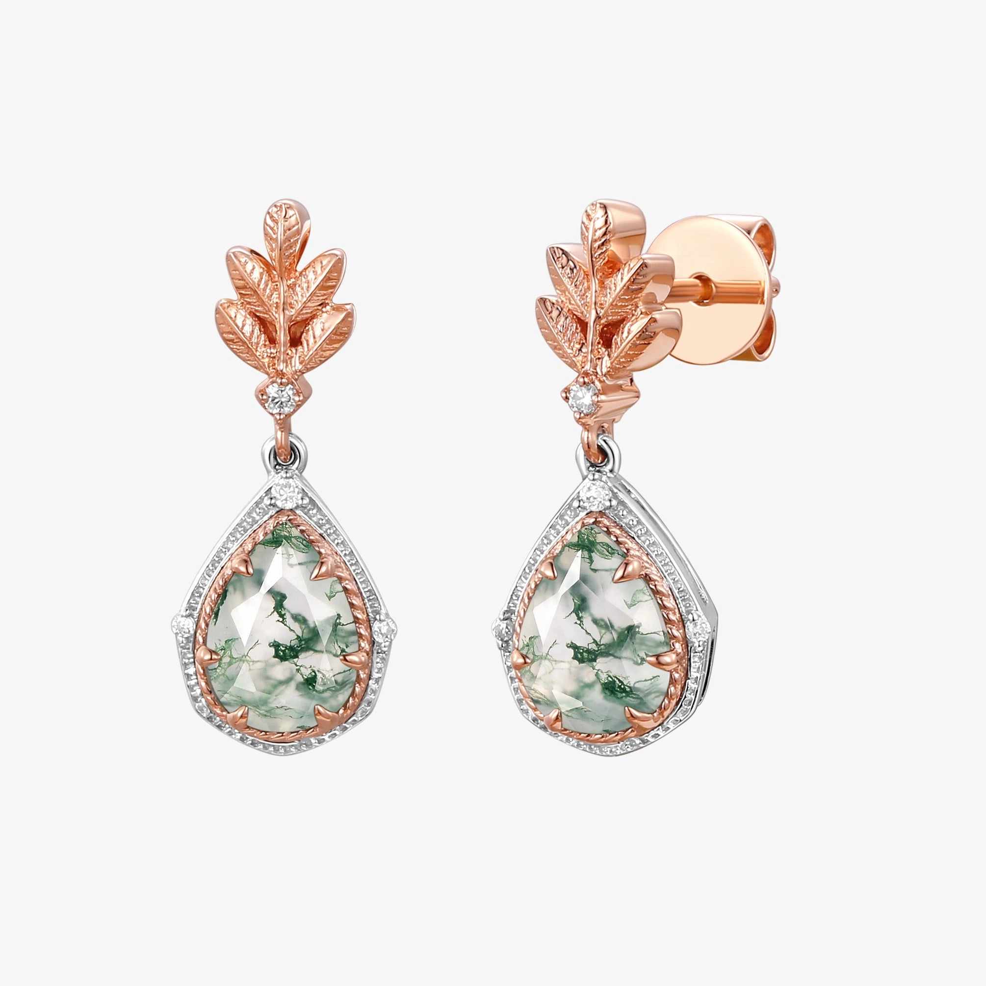 Pear Moss Agate & Moissanite Leafy Earrings Curved Embellishment Casual Trinket