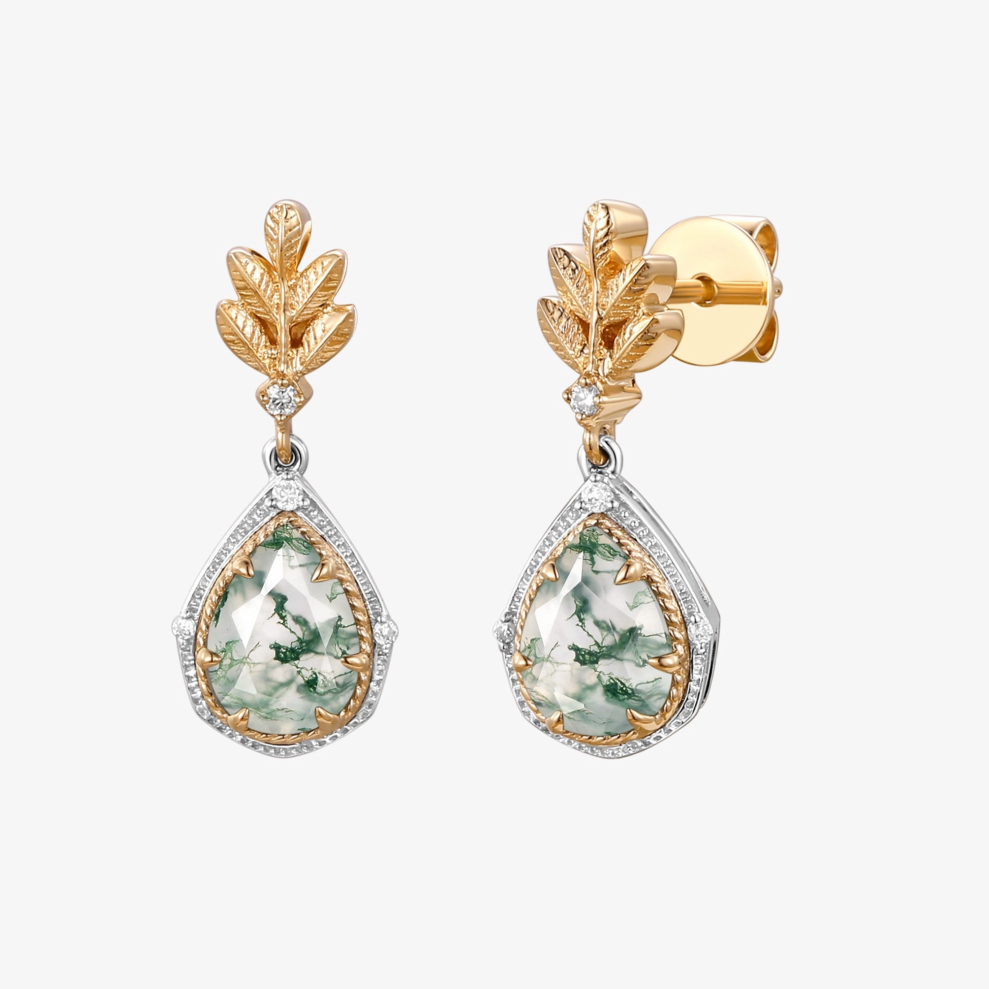 Pear Moss Agate & Moissanite Leafy Earrings Dull Decoration Sparkling Ornament