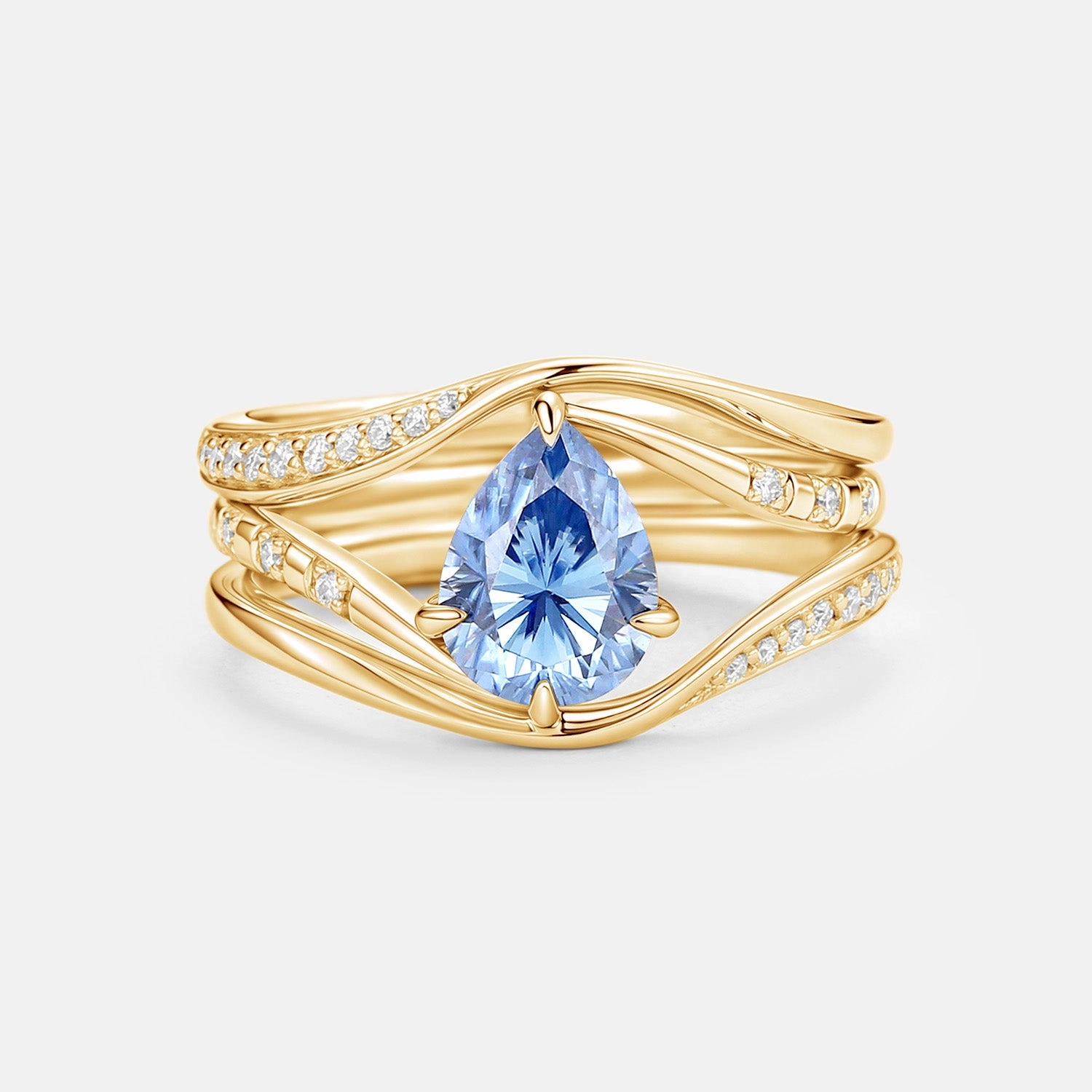 Custom Feel Contemporary Craft Homebound River Tune -  Pear Blue Moissanite Engagement Ring Sets 3pcs