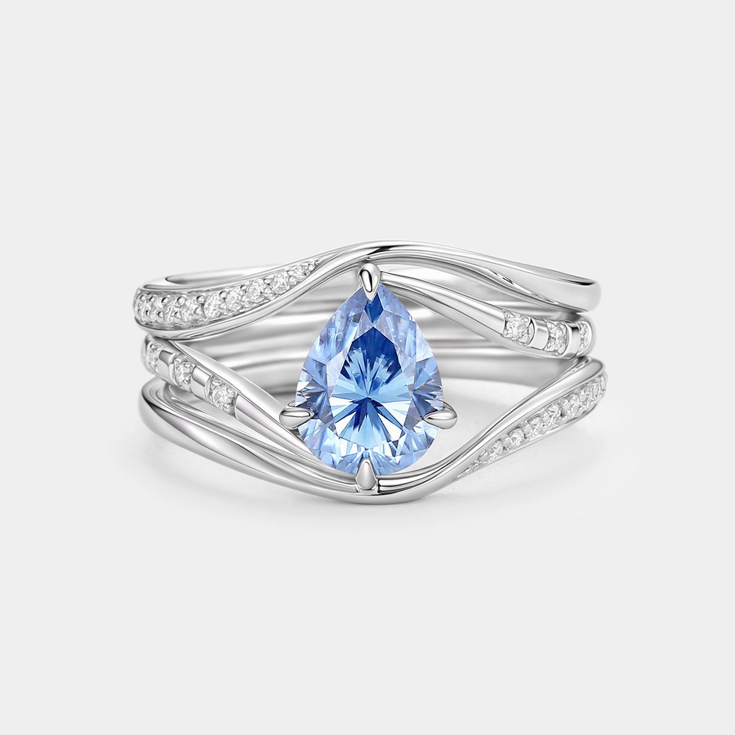 Delicate Highlight Homebound River Tune -  Pear Blue Moissanite Engagement Ring Sets 3pcs