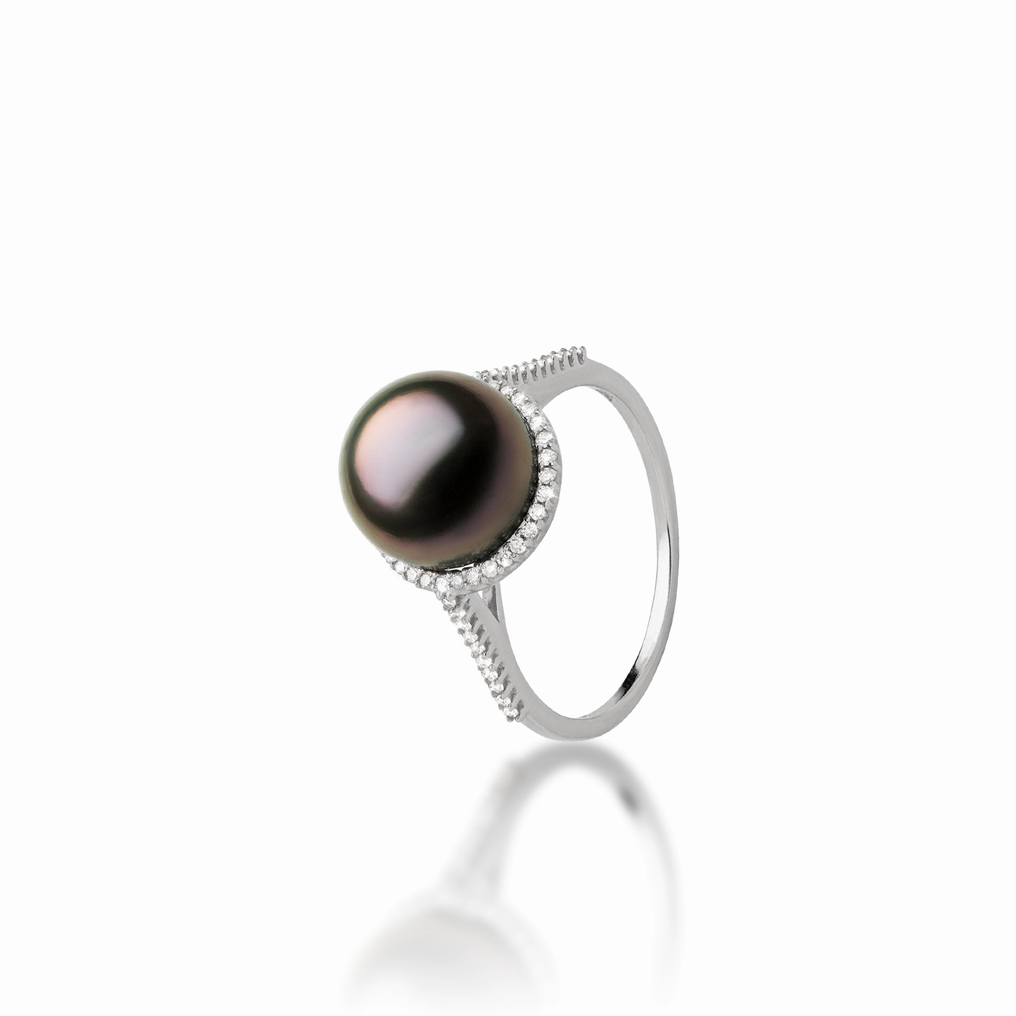 Graceful Finish High-End Craft Tahitian Black Pearl Halo Ring in White Gold with Diamonds - 9-10mm