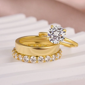 Elegant Detail Graceful Highlight Louily Moissanite 3PC Round Cut Wedding Ring Set With Wide Wedding Band