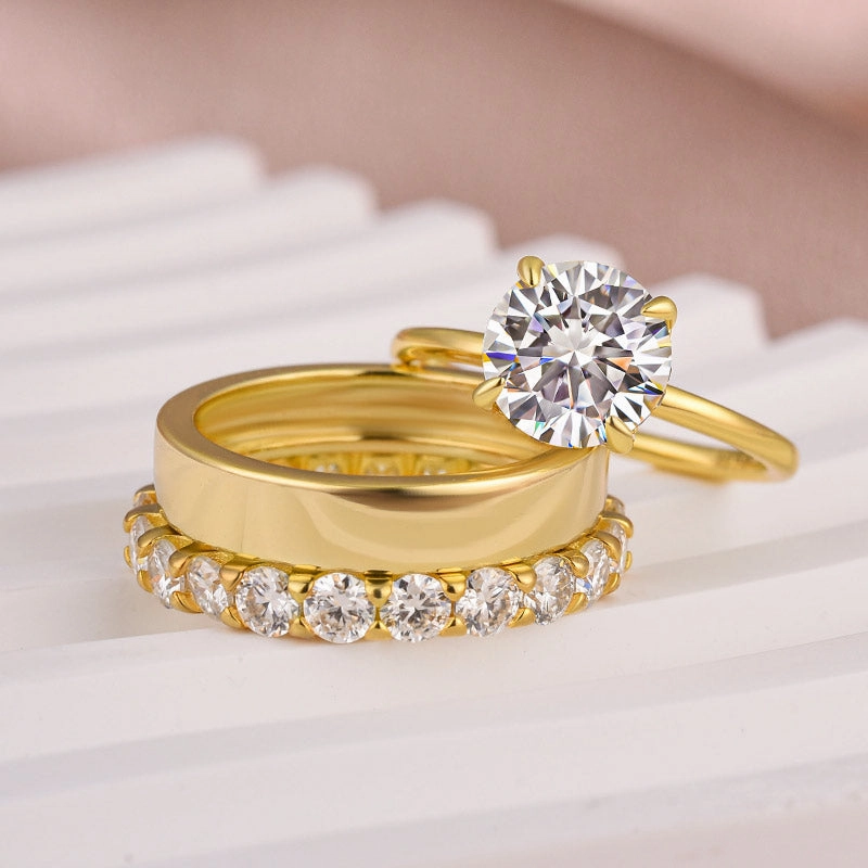 Exquisite Jewelry Louily Moissanite 3PC Round Cut Wedding Ring Set With Wide Wedding Band