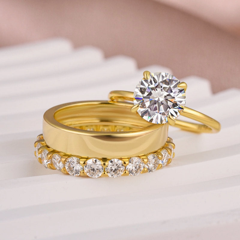 Vintage Style Louily Moissanite 3PC Round Cut Wedding Ring Set With Wide Wedding Band