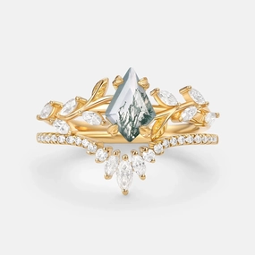 City Style Vintage Kite Cut Moss Agate Leafy Engagement Ring Sets 2pcs - Dart