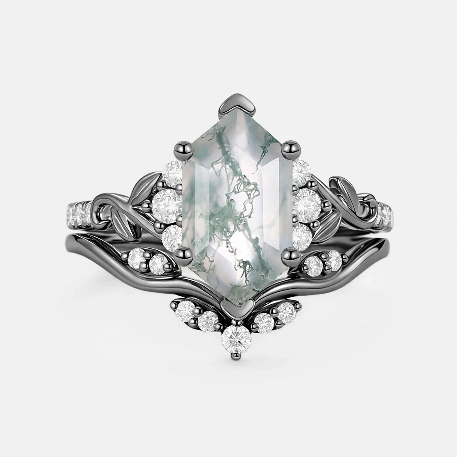 Hexagon Moss Agate Leafy Engagement Ring Sets 2pcs - Cometia Trendy Gifts Effortless Finish