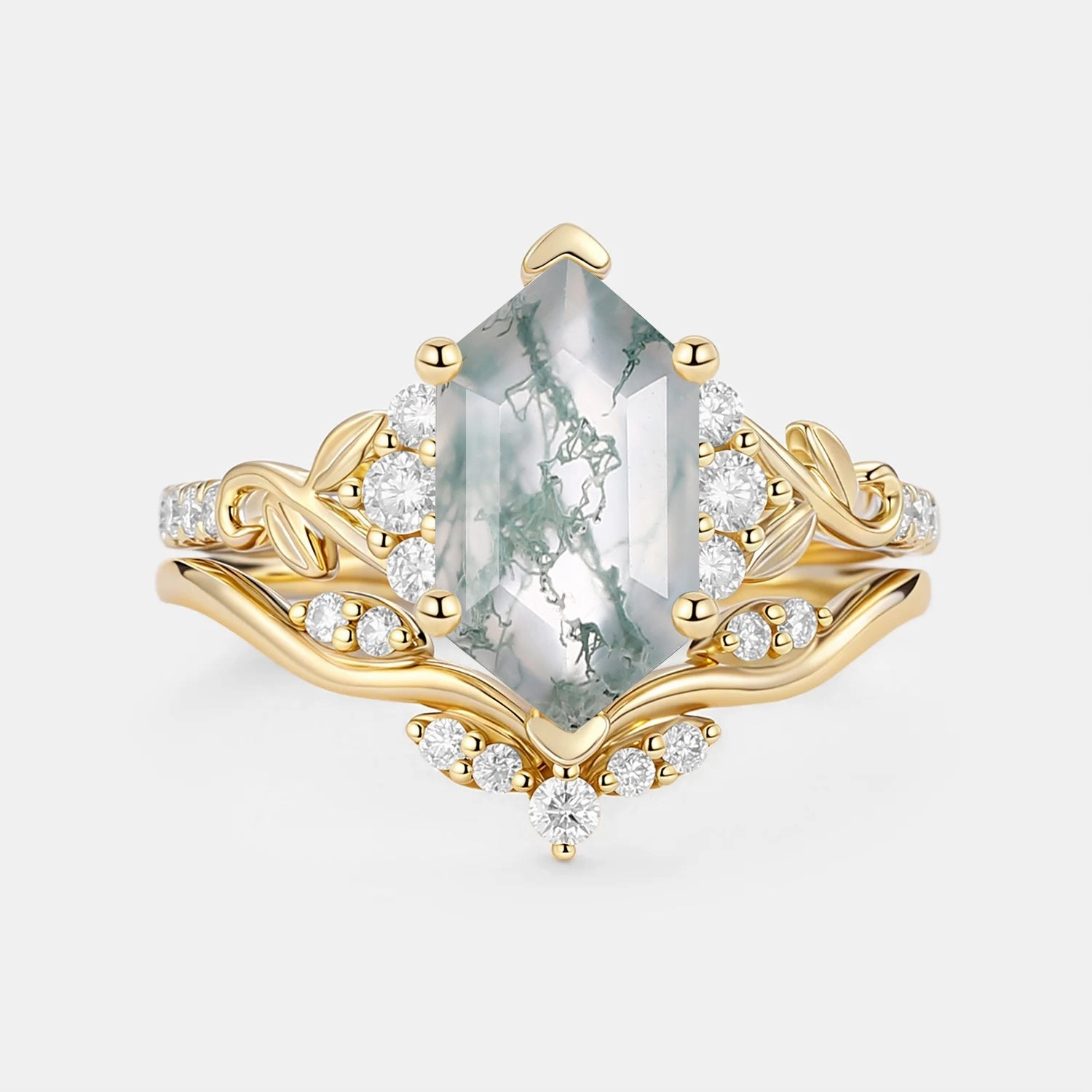 Hexagon Moss Agate Leafy Engagement Ring Sets 2pcs - Cometia everyday elegance Precious Piece