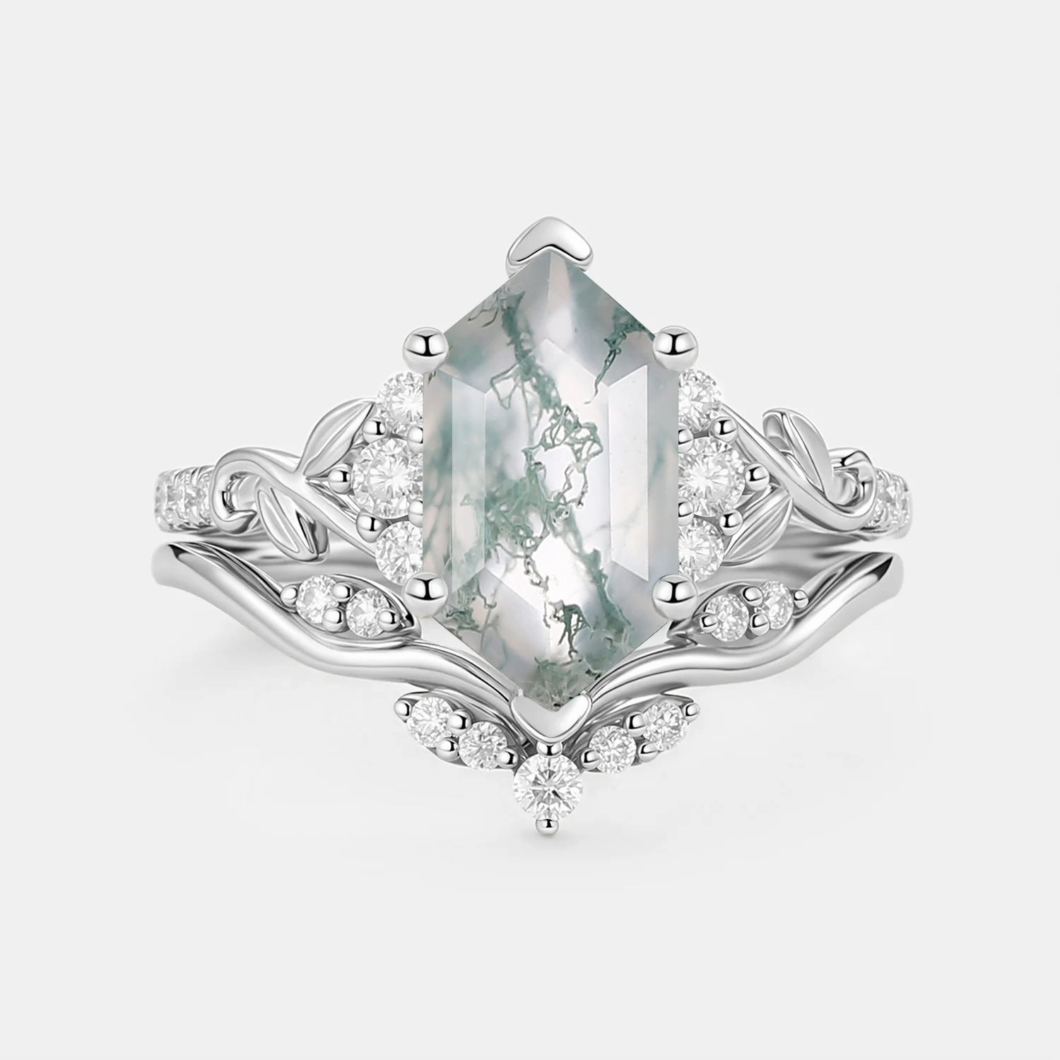 Hexagon Moss Agate Leafy Engagement Ring Sets 2pcs - Cometia shiny accents Luminous Accent