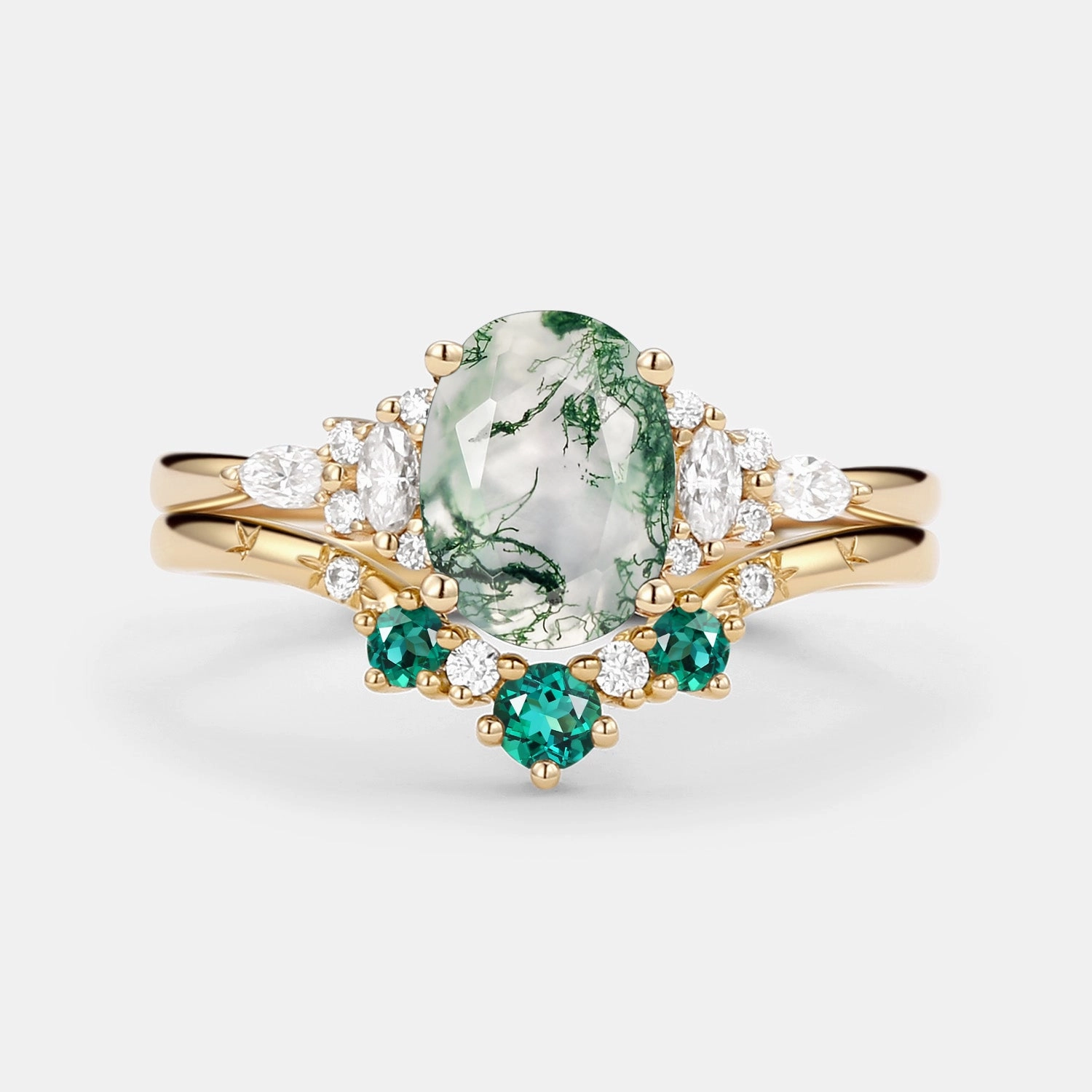Chic Fashion Oval Cut Moss Agate & Lab Emerald Engagement Ring Sets 2pcs
