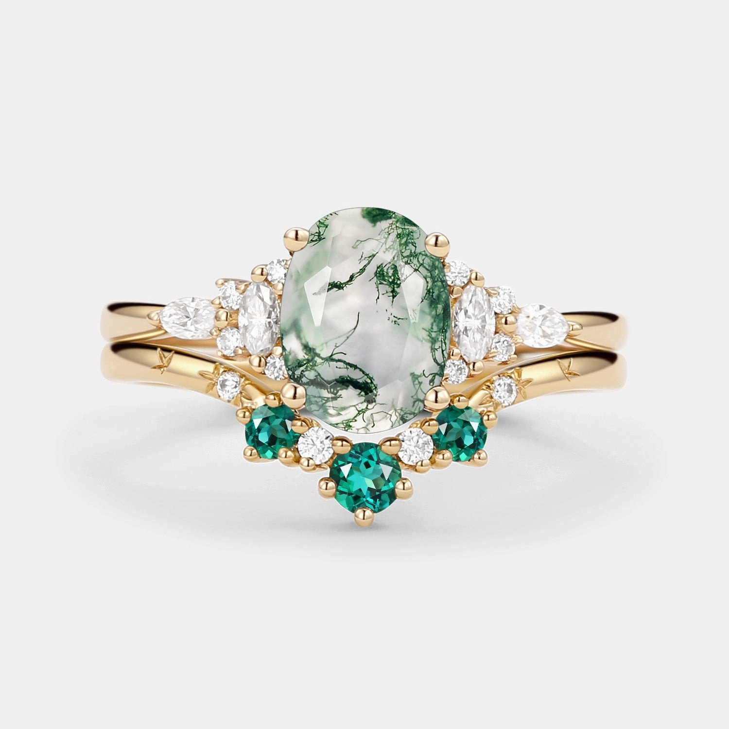 Oval Cut Moss Agate & Lab Emerald Engagement Ring Sets 2pcs Bridal Moment