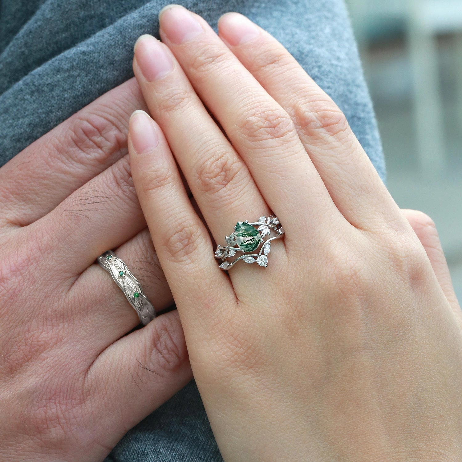 Cool Contrast Pear Shaped Moss Agate Three Leaves Couple Ring Set 3pcs