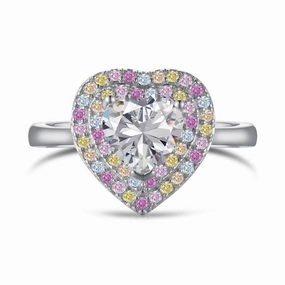 Sterling Silver Heart-Shaped Pastel Rainbow Halo Engagement Ring Fashionable Piece Classic Choice