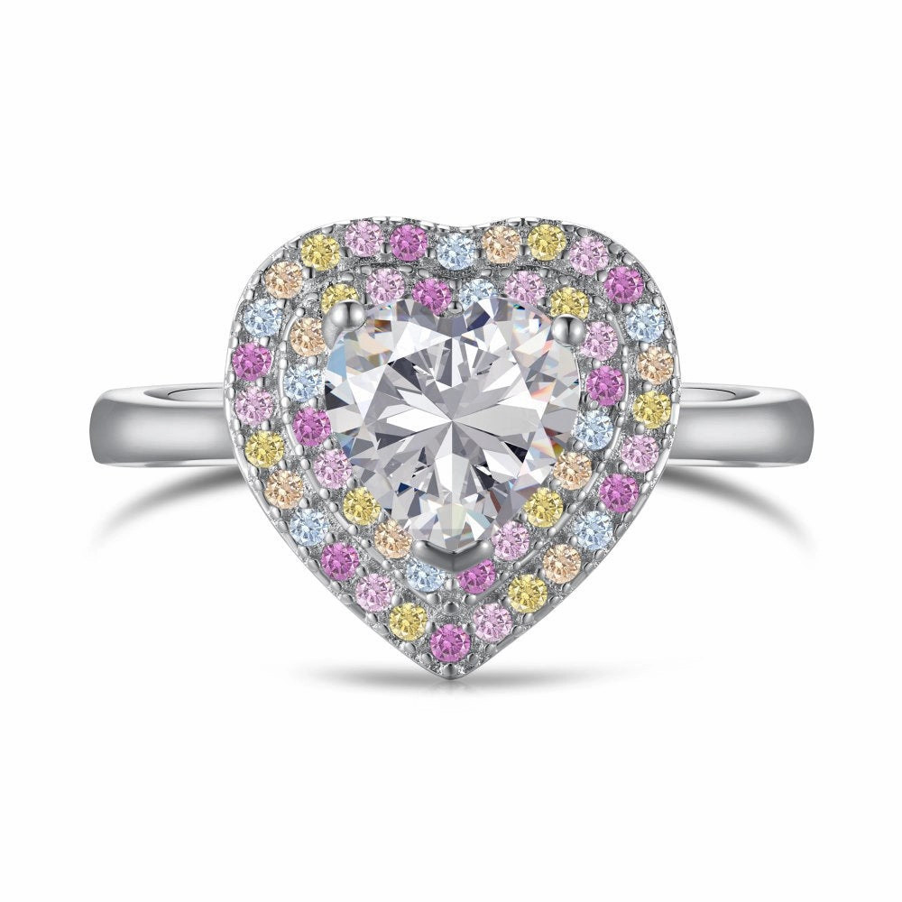Shiny Pieces Sterling Silver Heart-Shaped Pastel Rainbow Halo Engagement Ring