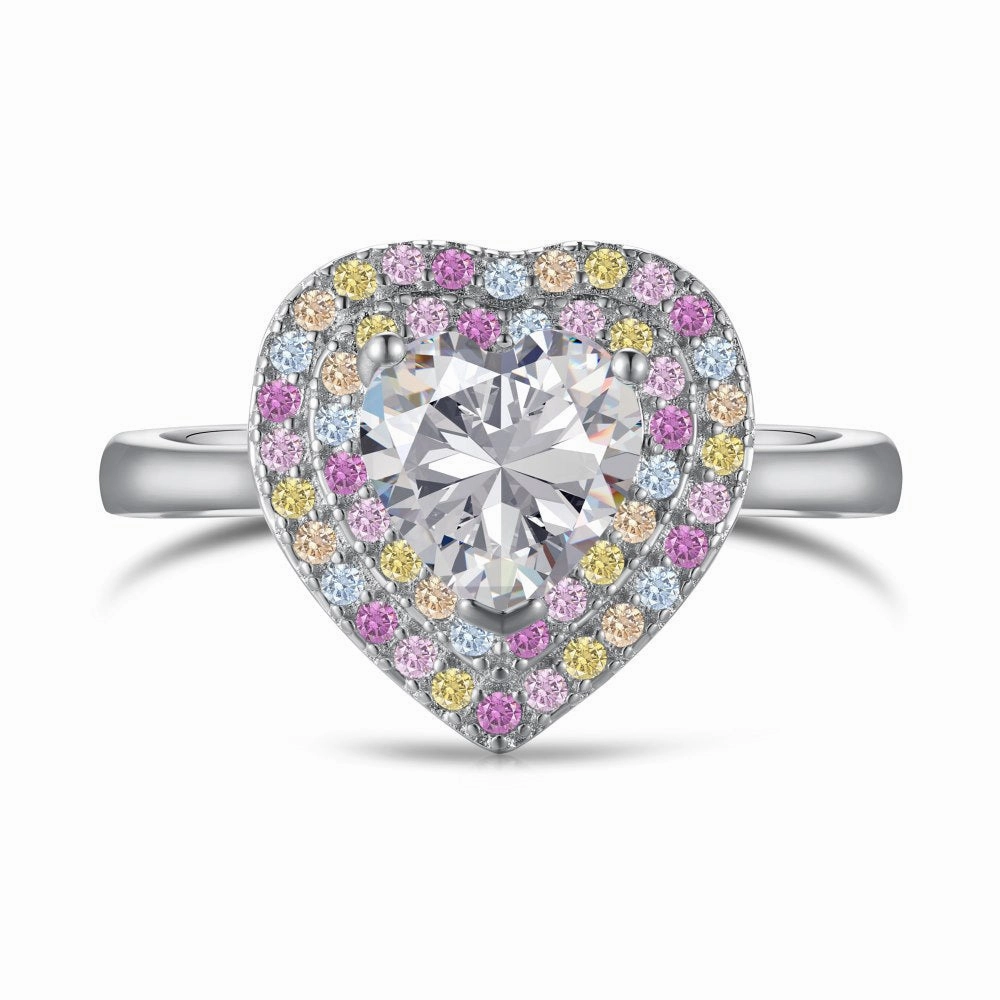 Sterling Silver Heart-Shaped Pastel Rainbow Halo Engagement Ring Chic Favorite