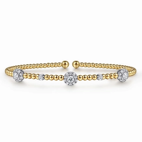Worldwide Amalgamations Benchmark Quality 14K White-Yellow Gold Bujukan Bead Cuff Bracelet with Diamond Cluster Stations
