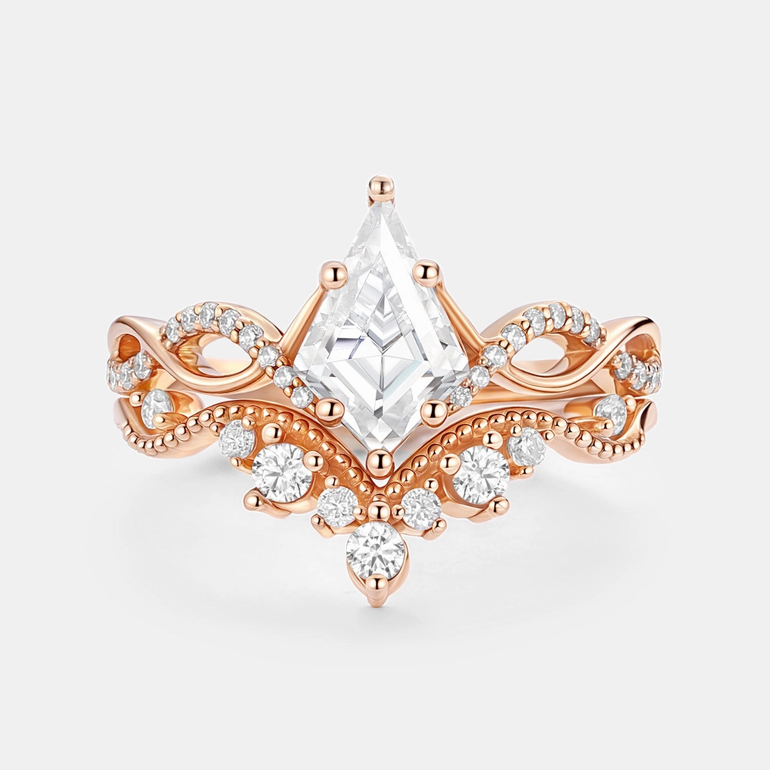 Chic Shape Infinity Kite Cut Lab Padparadscha Engagement Ring Set 2pcs