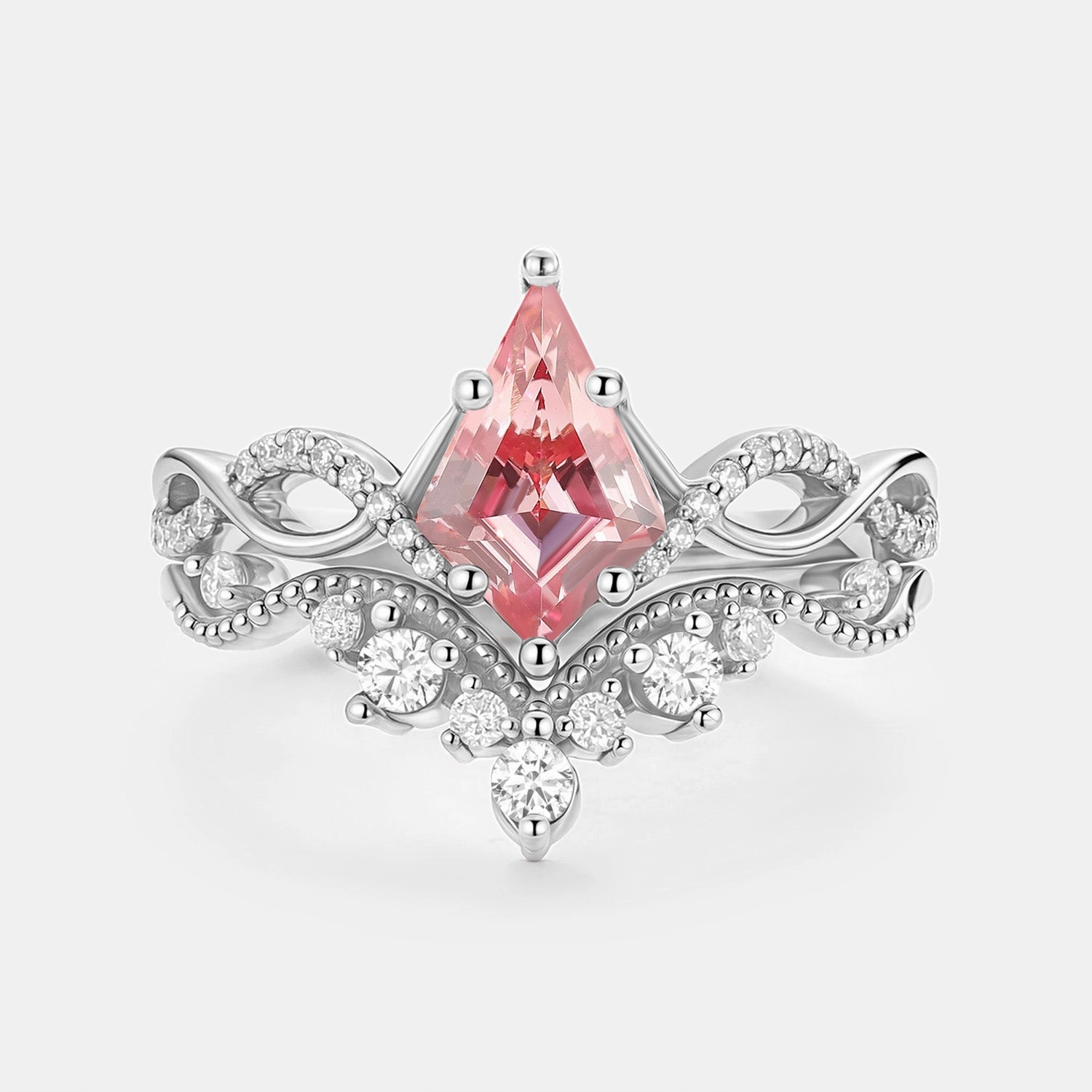 Striking Detail Infinity Kite Cut Lab Padparadscha Engagement Ring Set 2pcs