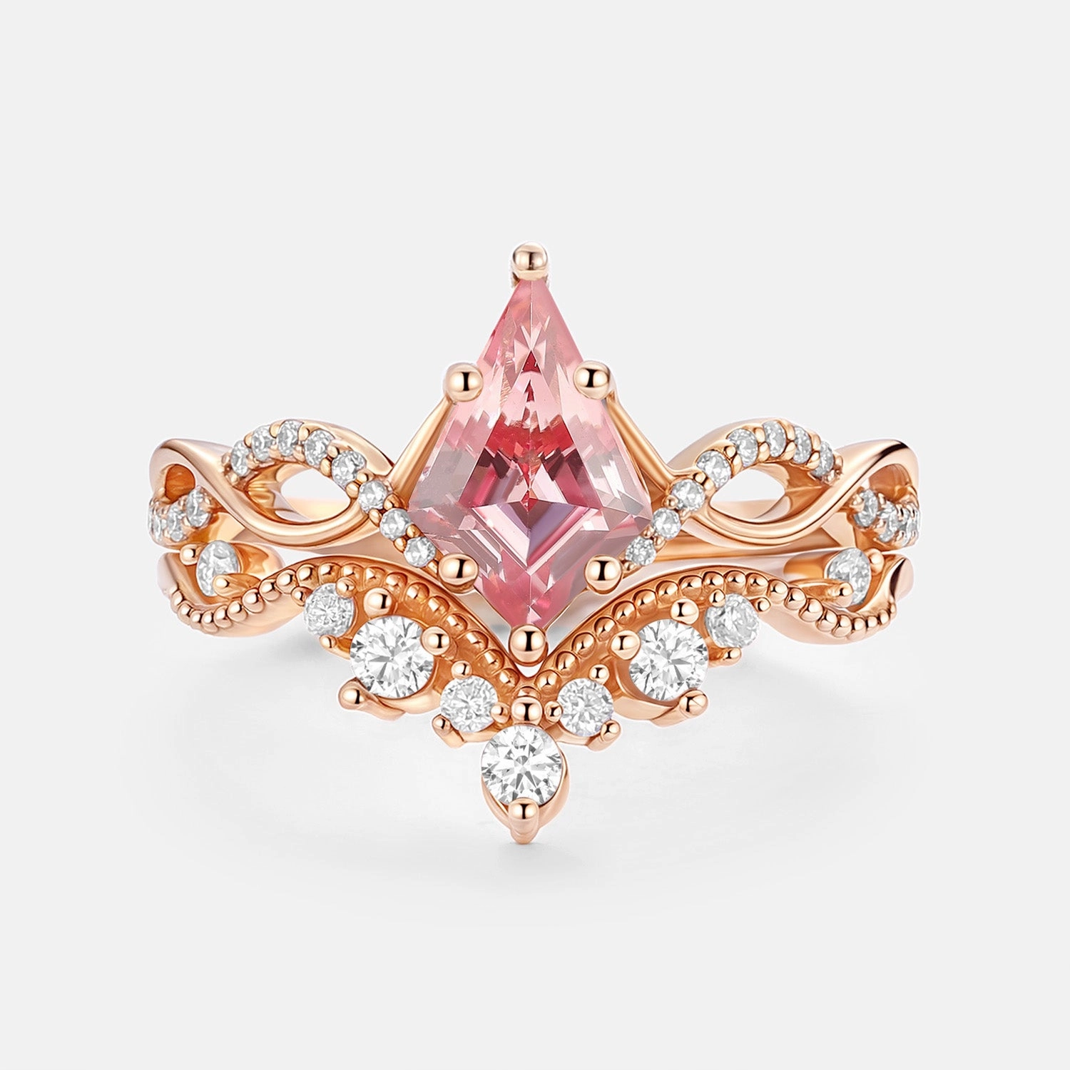 Infinity Kite Cut Lab Padparadscha Engagement Ring Set 2pcs Gleaming Gem Sleek Design