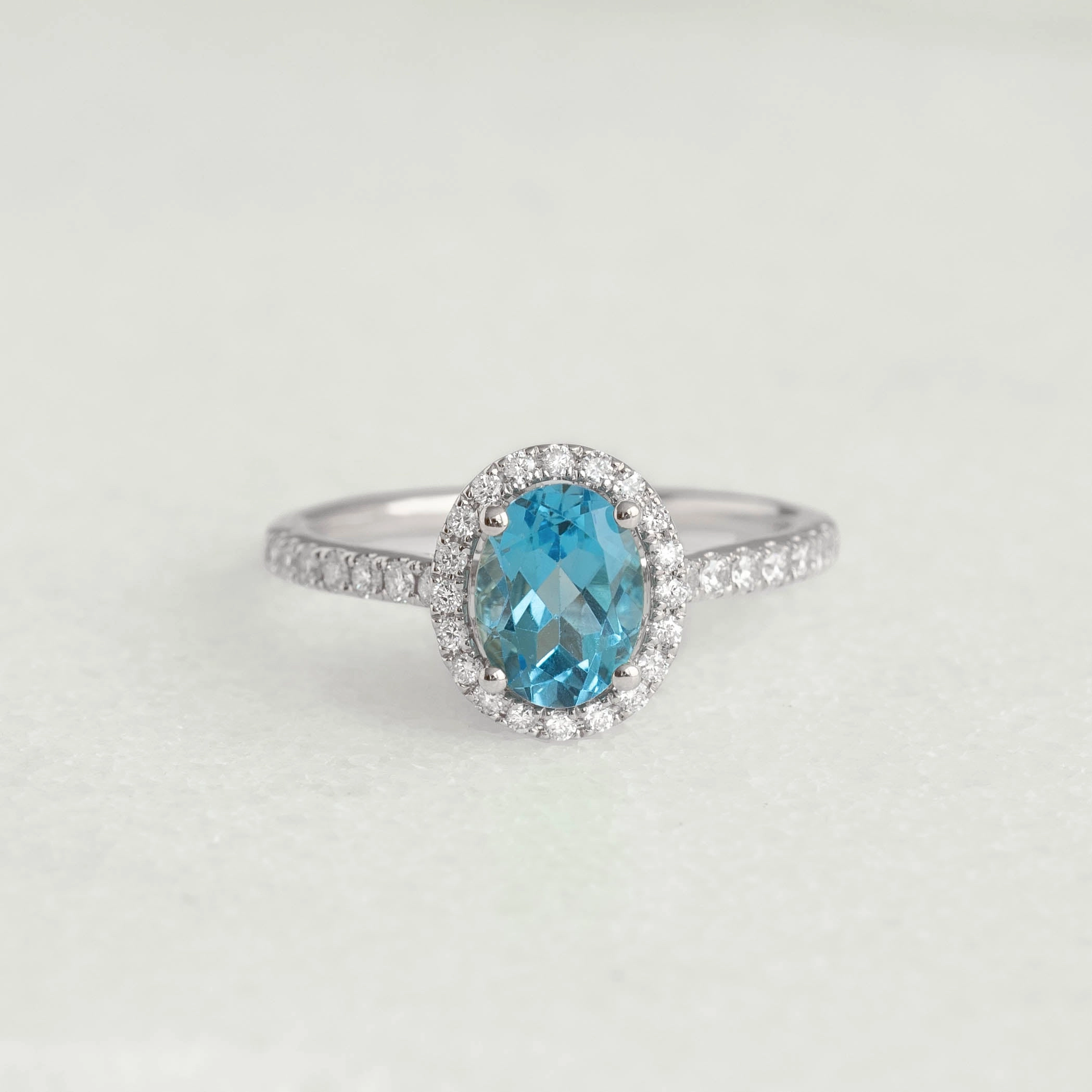Oval Swiss Blue Topaz Halo Ring White Gold - Suna Inspired Accent Winter Gift