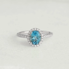 Oval Swiss Blue Topaz Halo Ring White Gold - Suna Durable Art Minimal Choice