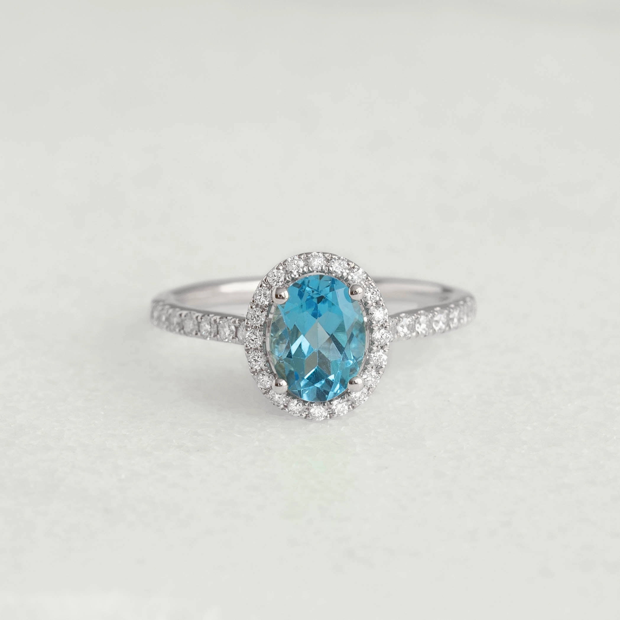 Mother??s Day Oval Swiss Blue Topaz Halo Ring White Gold - Suna