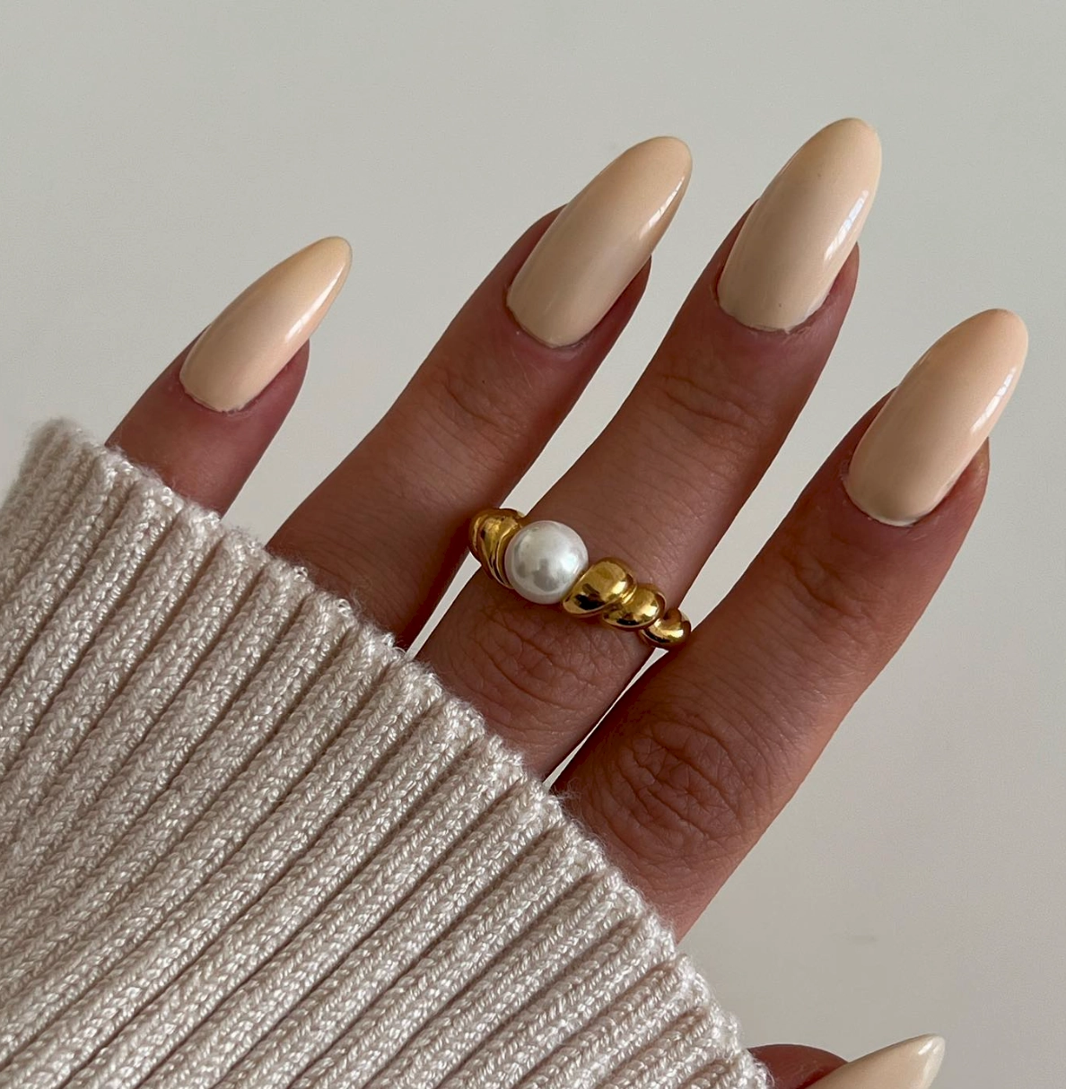Pearl on Croissant Ring 18K Gold Hypoallergenic Statement
