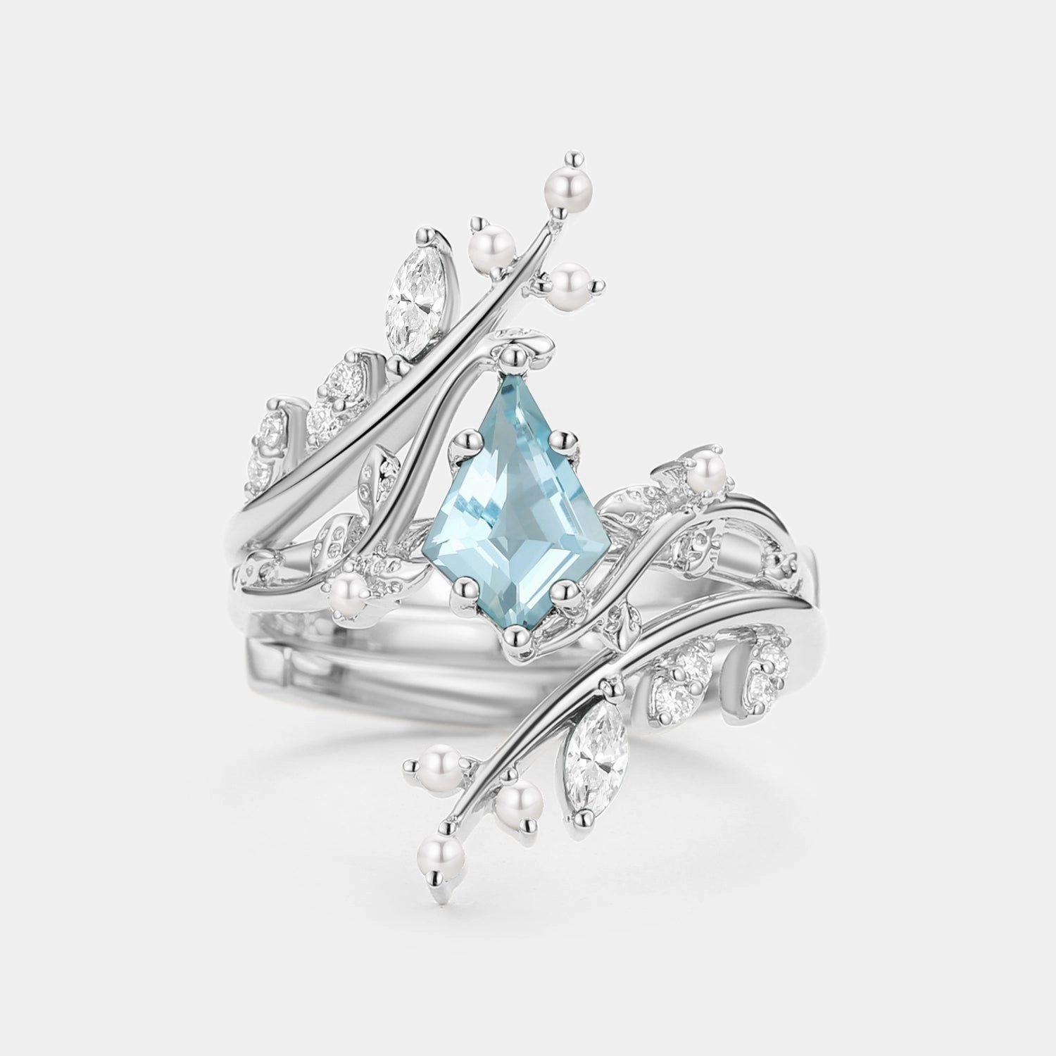 Kite Cut Aquamarine Cage Leafy Engagement Ring Sets 2pcs - Knight Elegant Radiance