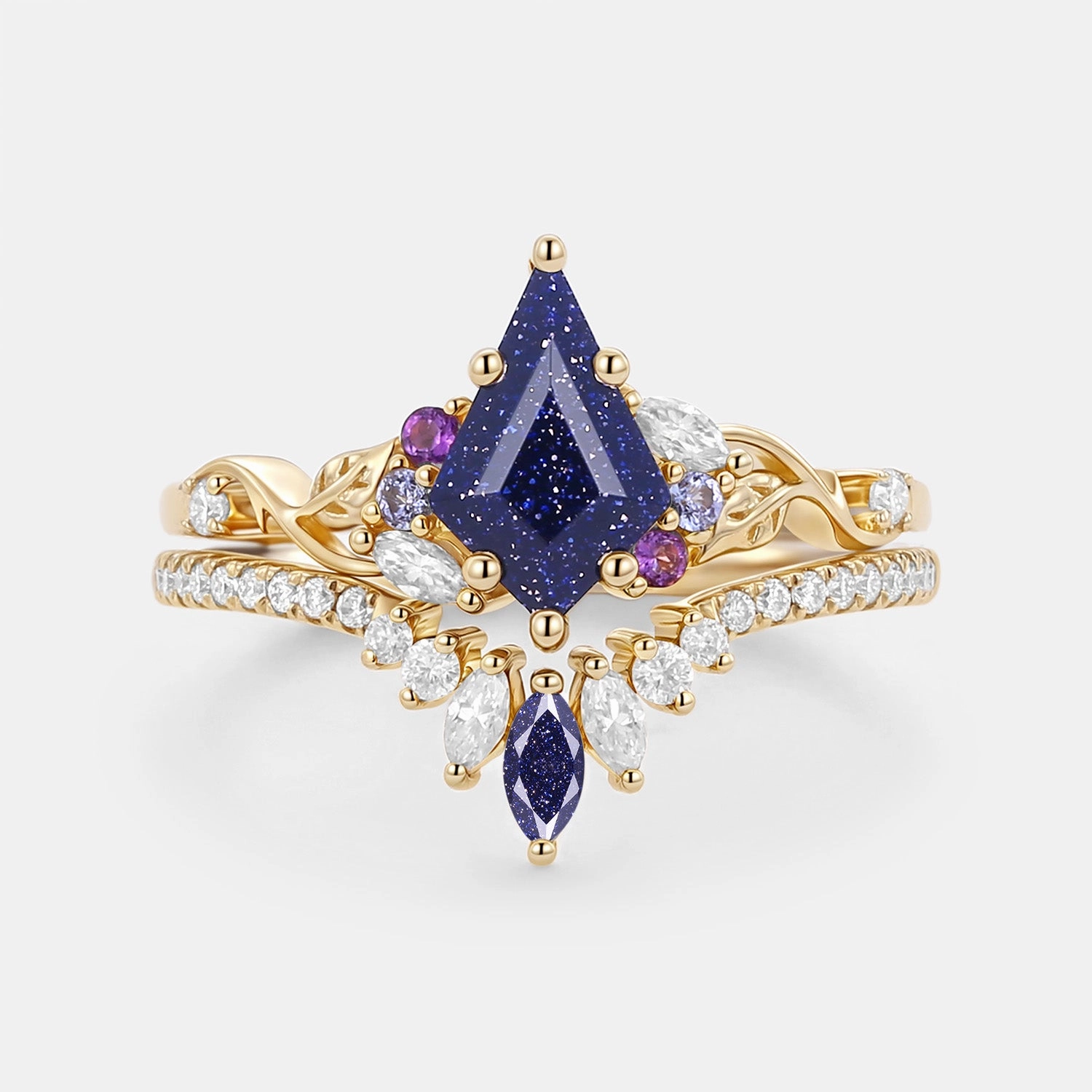 Elegant Choice Glow Mood Kite Cut Blue Sandstone Leafy Engagement Ring Set 2pcs - Elowen