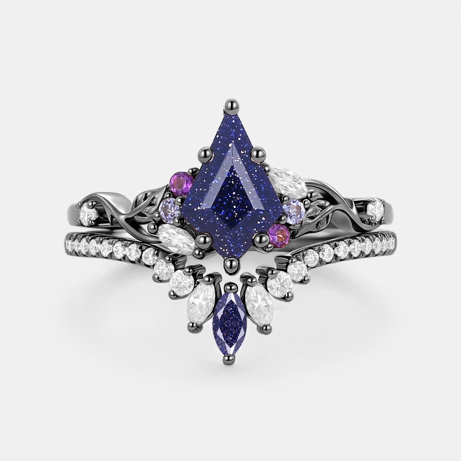 Kite Cut Blue Sandstone Leafy Engagement Ring Set 2pcs - Elowen Romantic Style