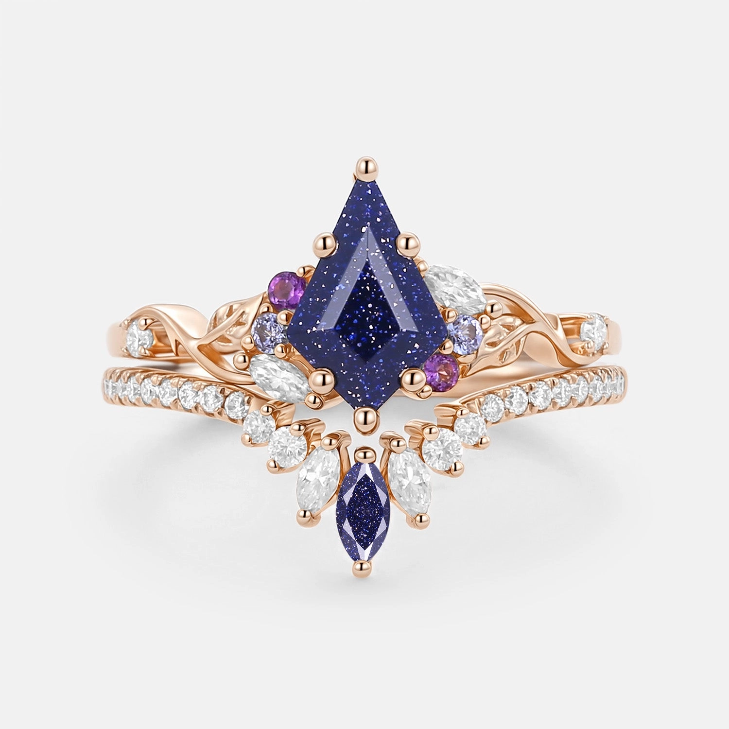 Kite Cut Blue Sandstone Leafy Engagement Ring Set 2pcs - Elowen Trendy Charm