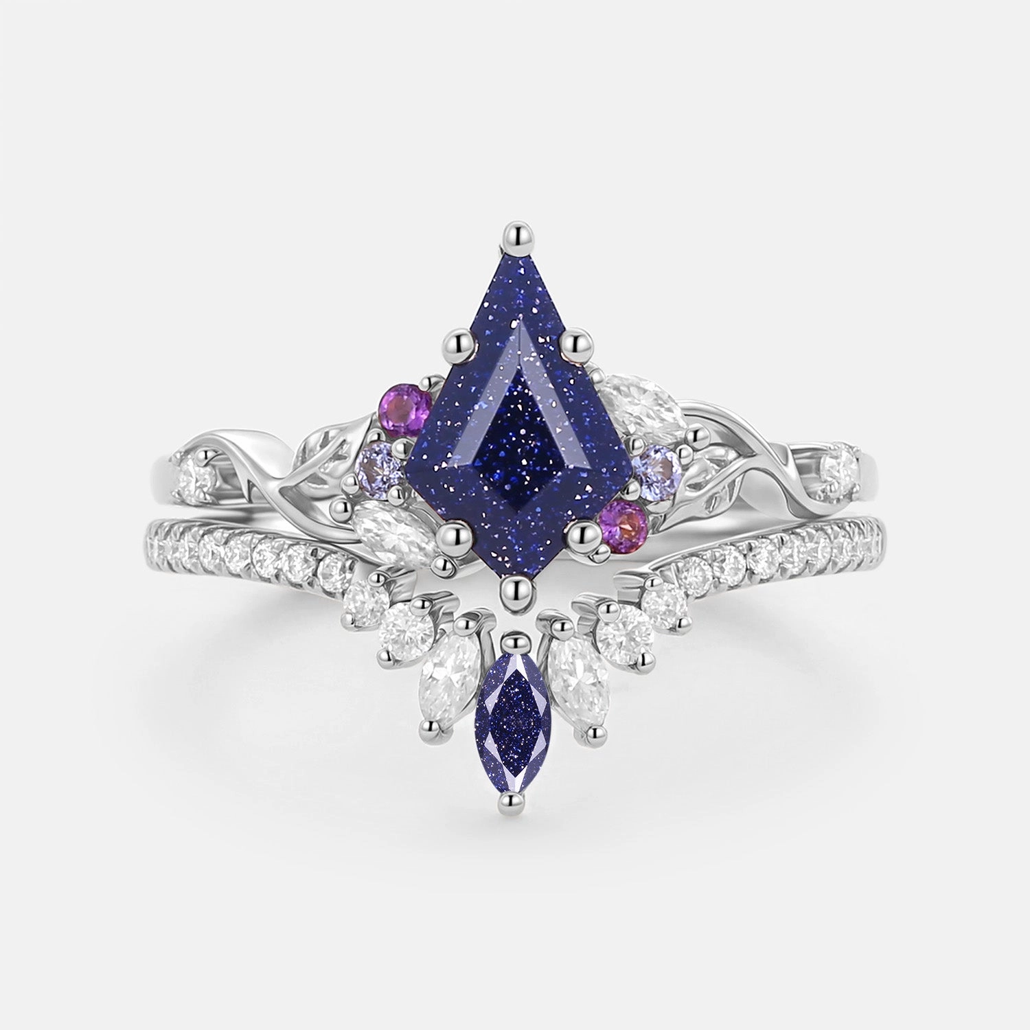 Kite Cut Blue Sandstone Leafy Engagement Ring Set 2pcs - Elowen Chic Shine