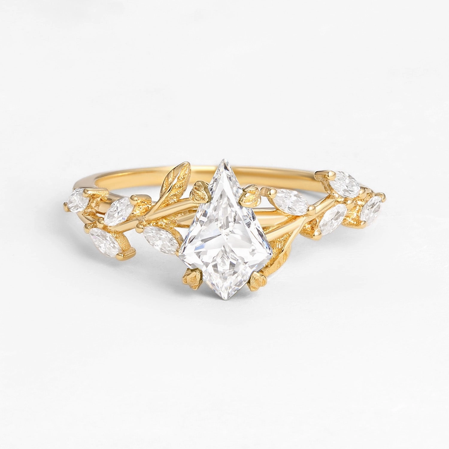 Kite Cut Clear Lab Grown Diamond Leafy Gold Engagement Ring Starry Night Cozy Glam
