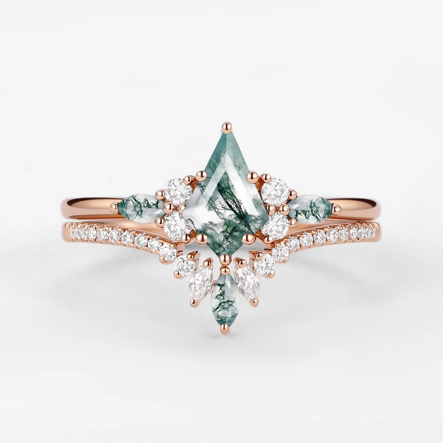 Kite Cut Green Moss Agate Three Stone Engagement Bridal Set 2pcs - Rebecca Soft Form Vibrant color