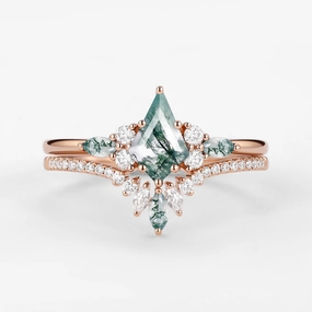 Kite Cut Green Moss Agate Three Stone Engagement Bridal Set 2pcs - Rebecca Soft Form Vibrant color
