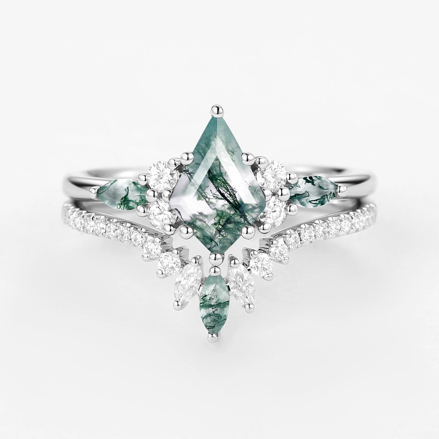 Cool Finish Fresh Accent Kite Cut Green Moss Agate Three Stone Engagement Bridal Set 2pcs - Rebecca